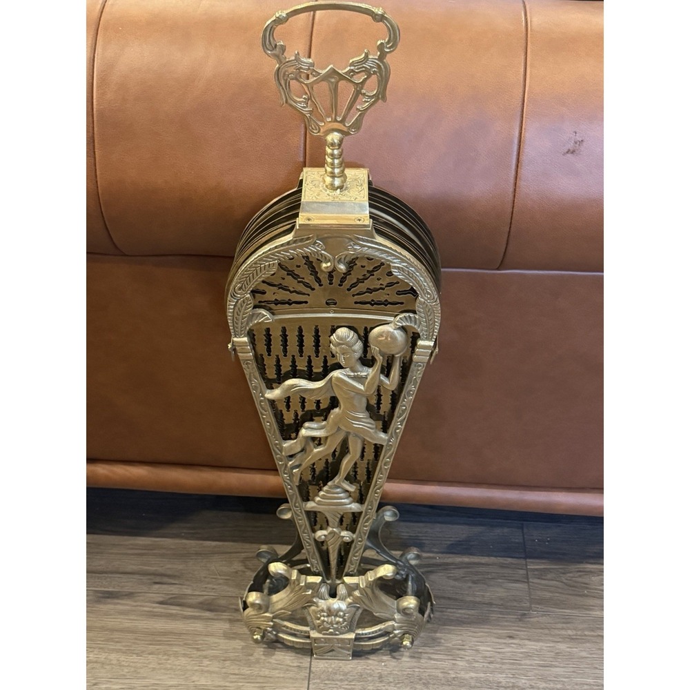 Vintage Art Deco Brass Peacock Fan Fireplace Screen Figural Filigree Goddess - Picture 12 of 16